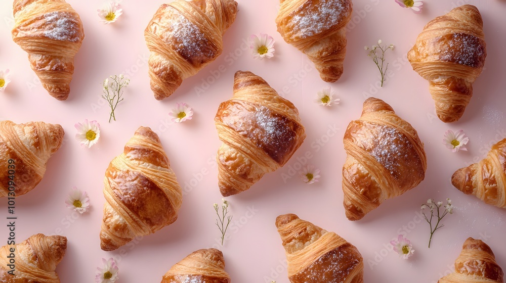 croissants arranged on a pink pastel background with flowers croissants arranged on a pink pastel background with flowers