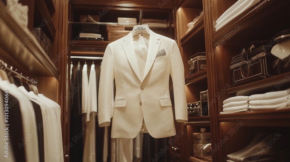 dazzling white wedding suit hanging elegantly in a walk-in closet dazzling white wedding suit hanging elegantly in a walk-in closet