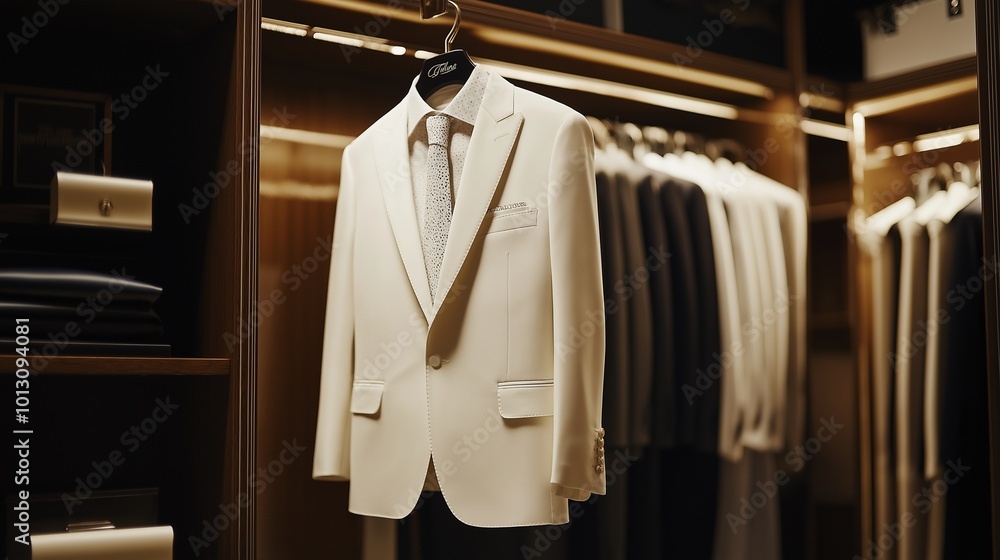 dazzling white wedding suit hanging elegantly in a walk-in closet dazzling white wedding suit hanging elegantly in a walk-in closet