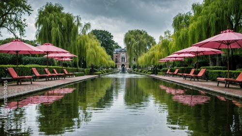 landscape - garden with a long swimming pool surrounded by green trees with pink umbrellas with sun loungers on both sides