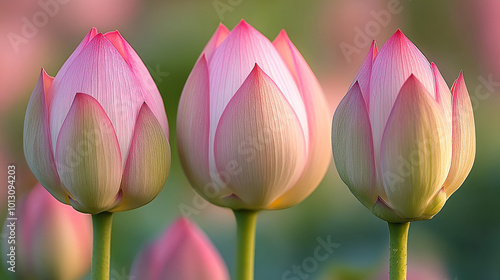 Delicate pink lotus flowers blooming gracefully in a serene garden during the early morning sunlight