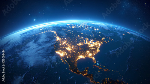 Fototapeta Naklejka Na Ścianę i Meble -  glowing earth from space north america at night with city lights and celestial wonders digital 