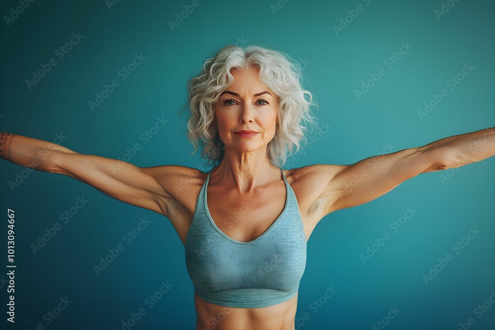 Portrait of Strong and Confident Elderly Woman with Gray Hair wearing workout sportswear showing muscles smiling proud. Home Workouts, healthy living, fitness woman older Portrait of Strong and Confident Elderly Woman with Gray Hair wearing workout sportswear showing muscles smiling proud. Home Workouts, healthy living, fitness woman older
