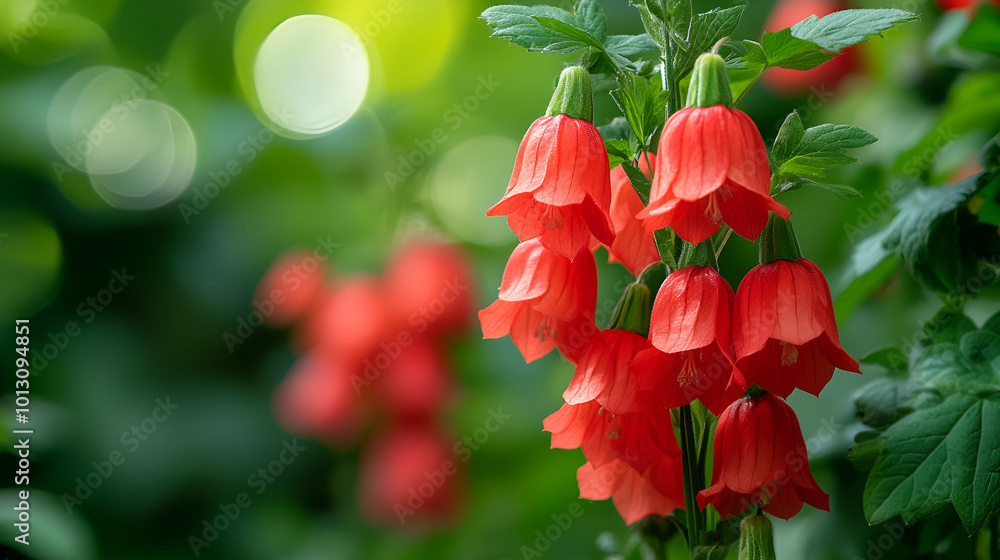 Obraz premium Bright red flowers bloom in a vibrant garden, capturing the essence of nature in full springtime splendor during a sunny afternoon