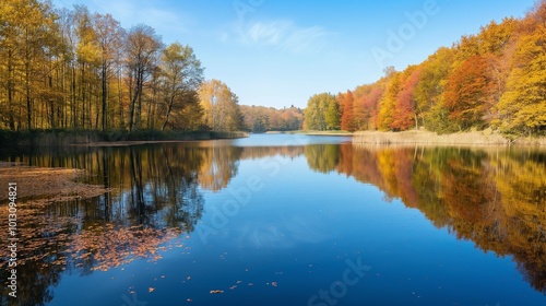 serene lake surrounded by trees with red and yellow leaves