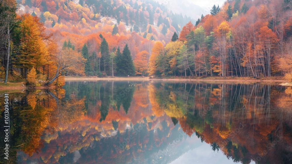 Naklejka premium serene lake surrounded by trees with red and yellow leaves