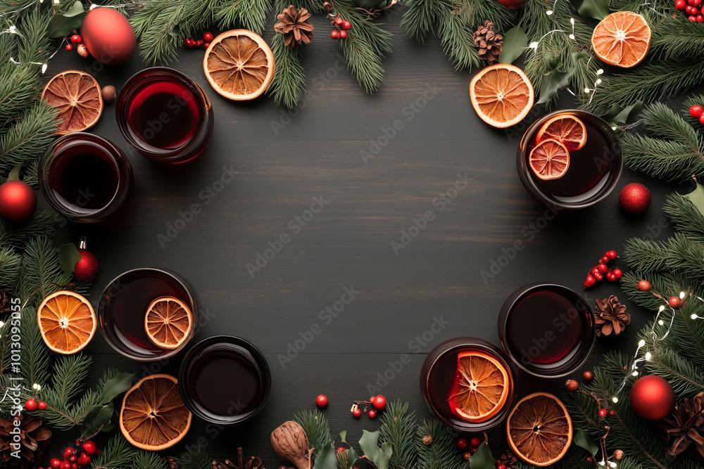 Christmas wreath with mulled wine and dried orange slices on a dark wooden background. Festive decorations Christmas wreath with mulled wine and dried orange slices on a dark wooden background. Festive decorations