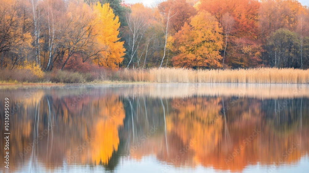 Fototapeta premium serene lake surrounded by trees with red and yellow leaves