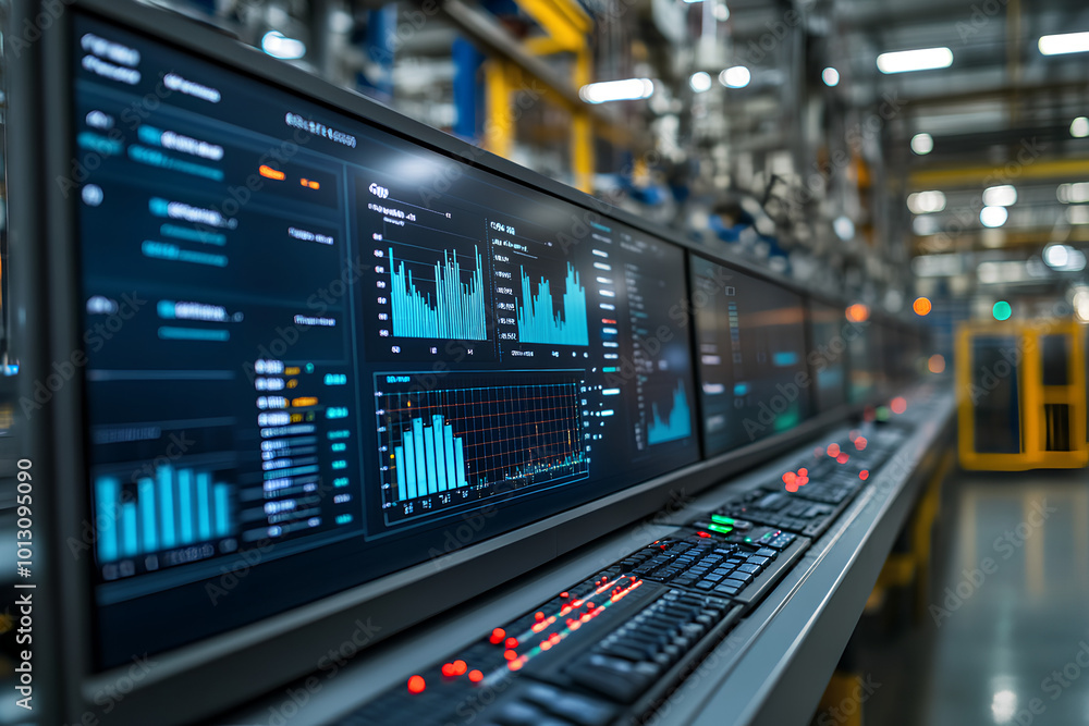 Digital dashboard showing real time quality control metrics in a factory, data driven QC, real time monitoring Digital dashboard showing real time quality control metrics in a factory, data driven QC, real time monitoring