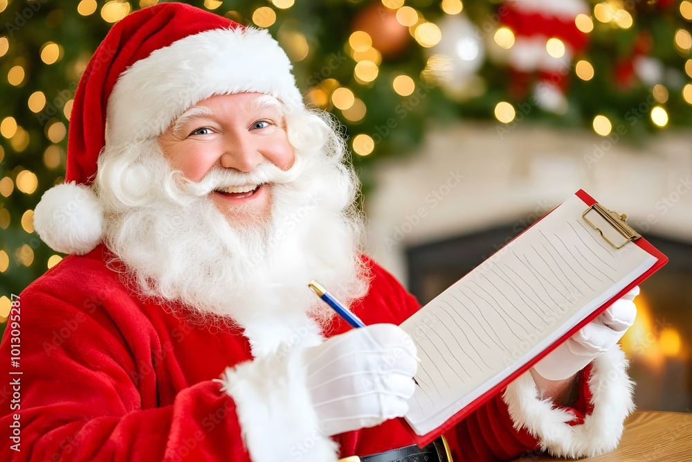 Naklejka premium A cheerful Santa Claus in a red suit smiles while holding a clipboard, surrounded by festive decorations and warm holiday lights.