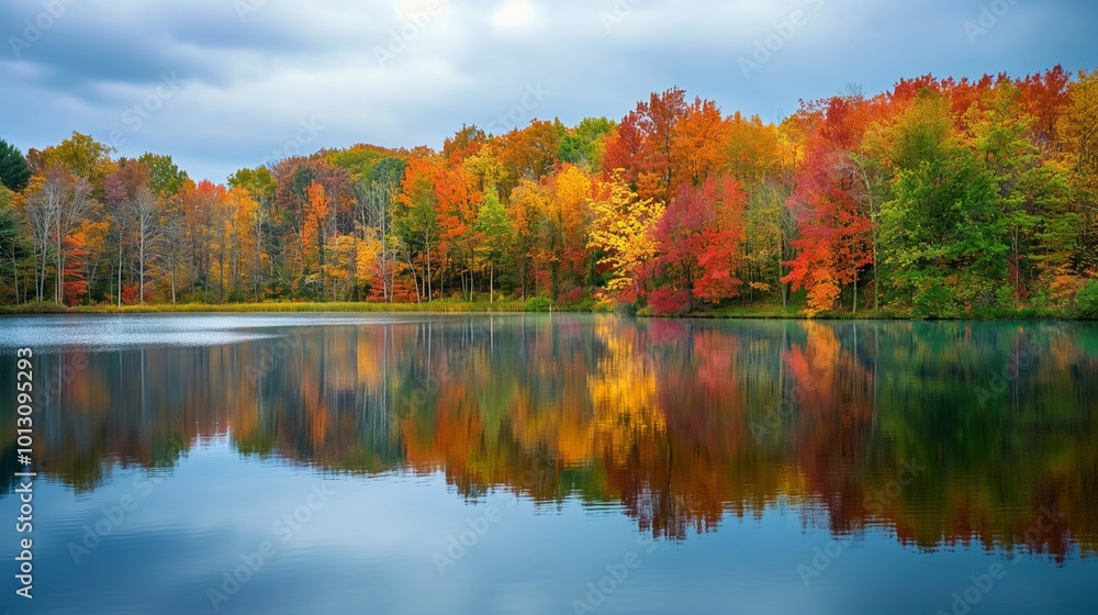 serene lake surrounded by trees with red and yellow leaves serene lake surrounded by trees with red and yellow leaves