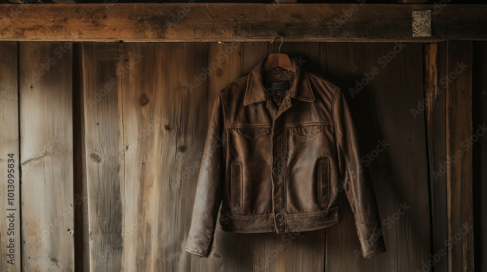 Fototapeta premium faded brown leather jacket hanging on a hook