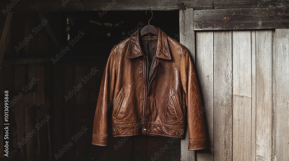 Naklejka premium faded brown leather jacket hanging on a hook