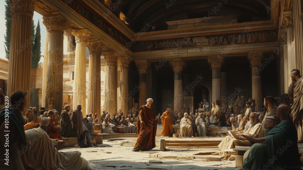 Fototapeta premium Men gathered in a Roman temple listening to a speaker.