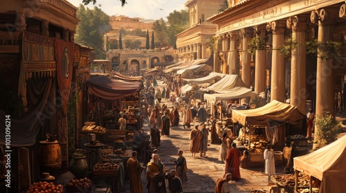 Ancient Roman marketplace with bustling crowds.