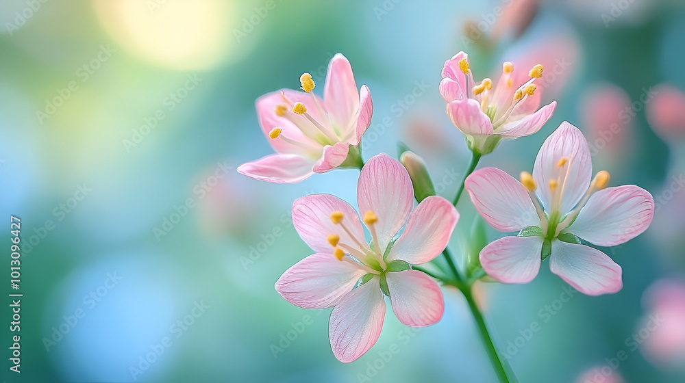 Obraz premium Delicate pink flowers bloom gracefully in a sunlit garden during early spring mornings