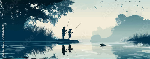 Fishing trip, anglers with rods and fish, serene nature silhouettes, black silhouette, vector illustration, flat style.