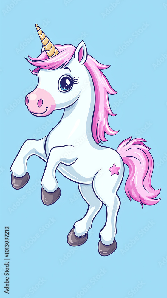 Vector drawing of a cute cartoon unicorn with a pink mane white body and a golden horn on a blue background Vector drawing of a cute cartoon unicorn with a pink mane white body and a golden horn on a blue background