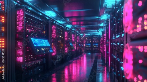 Futuristic Server Room with Neon Lights.