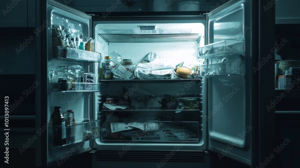 Open Fridge Interior with Food and Drinks. Open Fridge Interior with Food and Drinks.