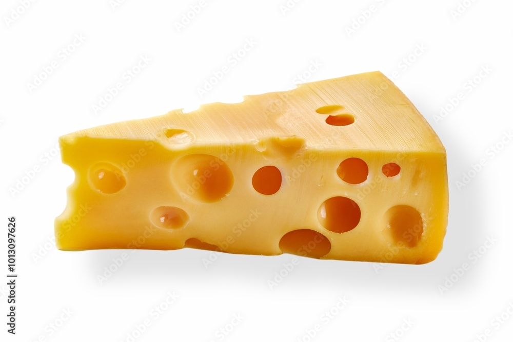 close-up of a piece of cheese with holes. Emmental cheese triangle, Swiss cheese, isolated on white background close-up of a piece of cheese with holes. Emmental cheese triangle, Swiss cheese, isolated on white background