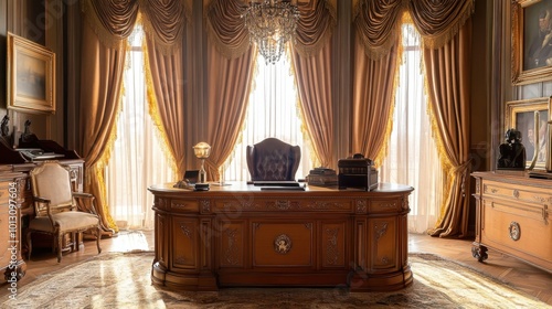 A regal home office with a large wooden desk, rich curtains, and elegant furnishings, representing authority and refinement. Realistic, highly detailed