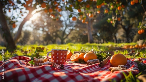 Sunny Picnic in Orange Grove with Fresh Fruits and Red Checkered Blanket
