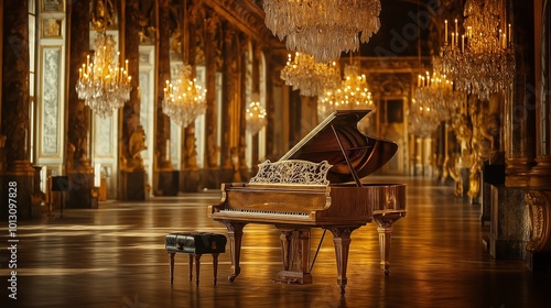 glistening black piano regally in a grand hall photo