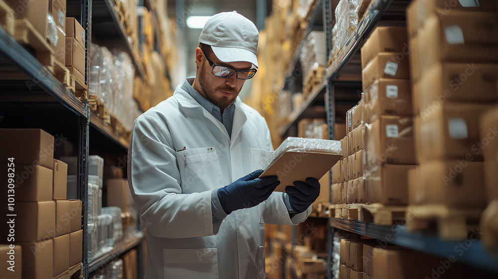 Inspector checking expiration dates on product packaging, expiration control, product safety assurance Inspector checking expiration dates on product packaging, expiration control, product safety assurance
