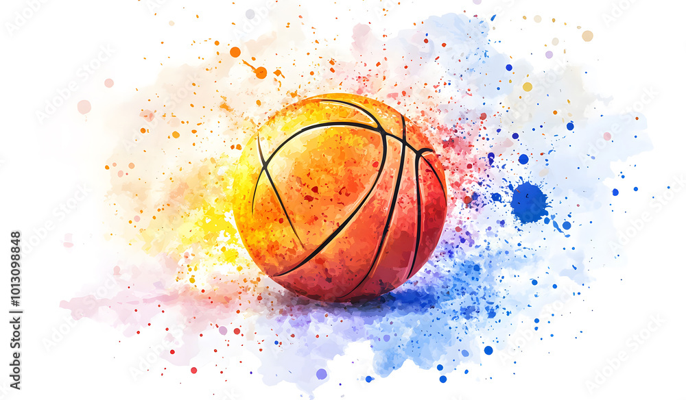 Basketball with splashes of watercolor paint on a green background design Basketball with splashes of watercolor paint on a green background design