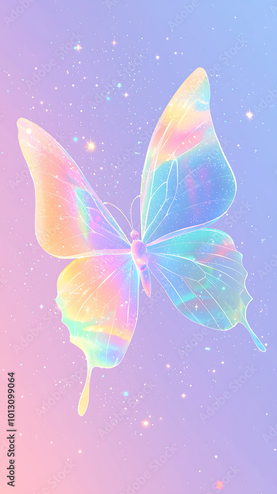cute pastel colored iridescent butterfly with glitter and sparkles set against a pastel pink purple blue yellow and orange background cute pastel colored iridescent butterfly with glitter and sparkles set against a pastel pink purple blue yellow and orange background