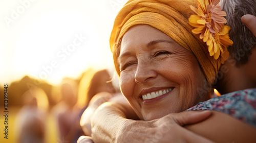 A diverse group of cancer survivors embracing showing joy and happiness