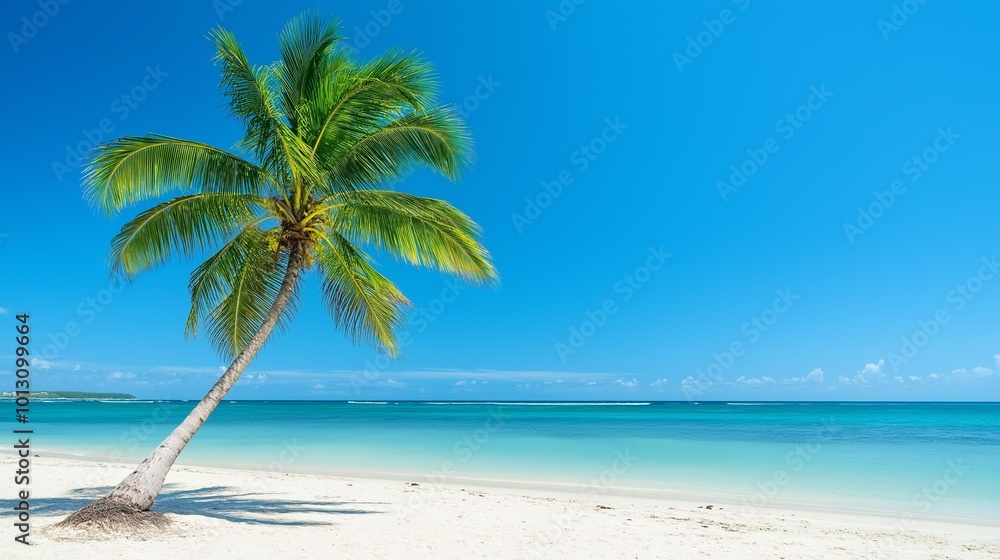 Fototapeta premium lush green palm tree swaying gently against a clear blue sky
