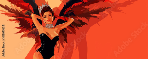 Glamorous pin-up showgirl in a feathered costume, striking a pose, flat, vector illustration, pin-up style.