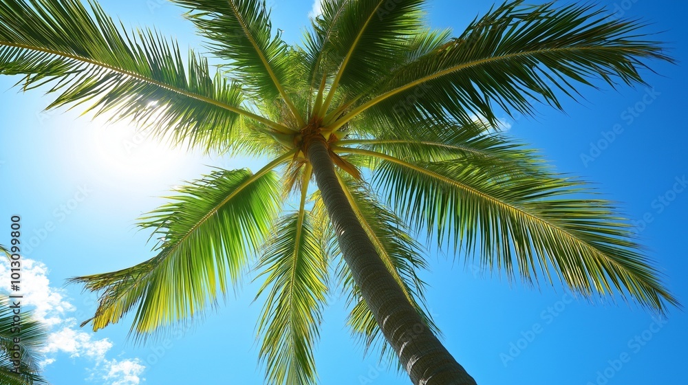 lush green palm tree swaying gently against a clear blue sky lush green palm tree swaying gently against a clear blue sky
