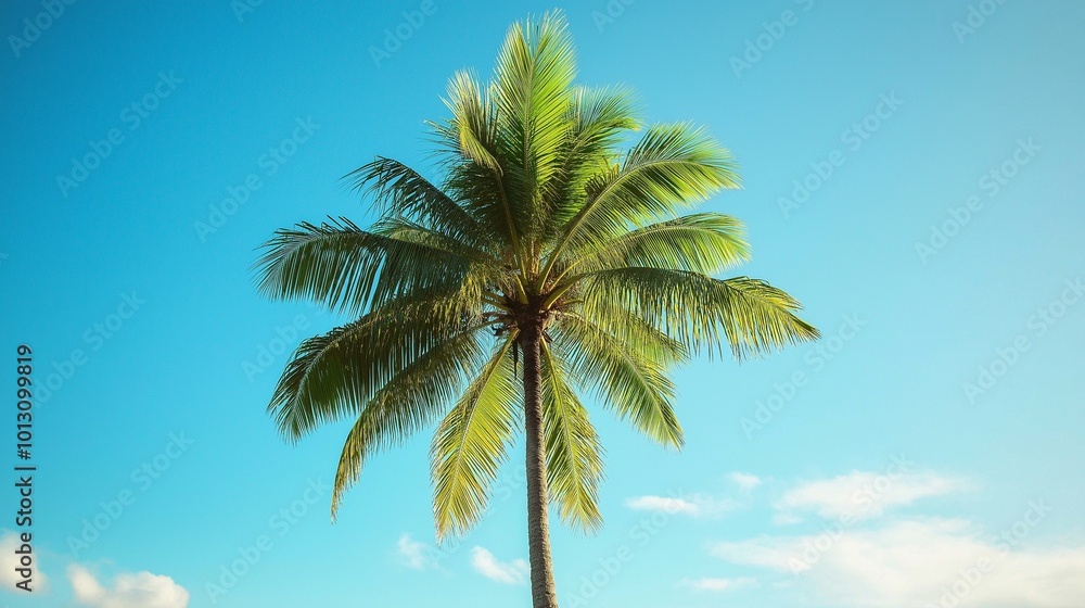 lush green palm tree swaying gently against a clear blue sky lush green palm tree swaying gently against a clear blue sky