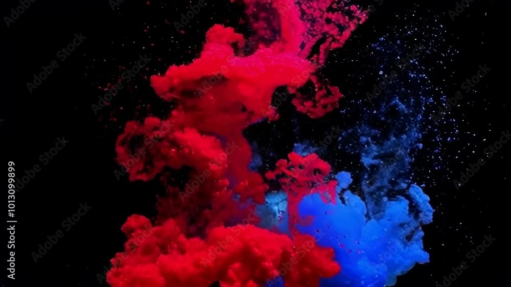 4K loop of swirling particles in a fluid showcasing a vibrant battle between red and blue elements. 4K loop of swirling particles in a fluid showcasing a vibrant battle between red and blue elements.