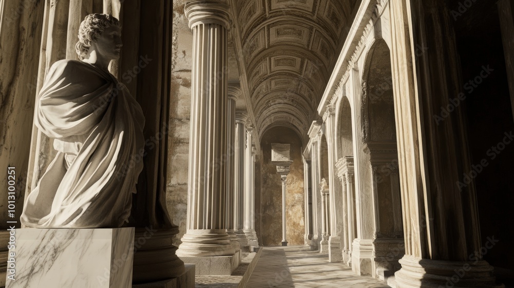 Fototapeta premium Stone statue stands in ancient columned hall.