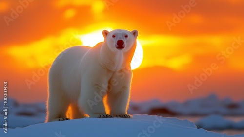 polar bear standing proudly on a snowy tundra under the midnight sun photo