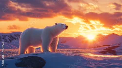 polar bear standing proudly on a snowy tundra under the midnight sun photo