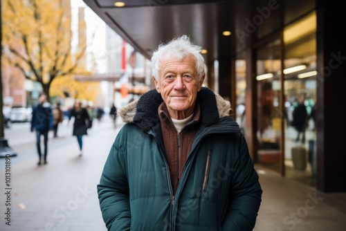 Portrait of senior man with grey hair in the city street.