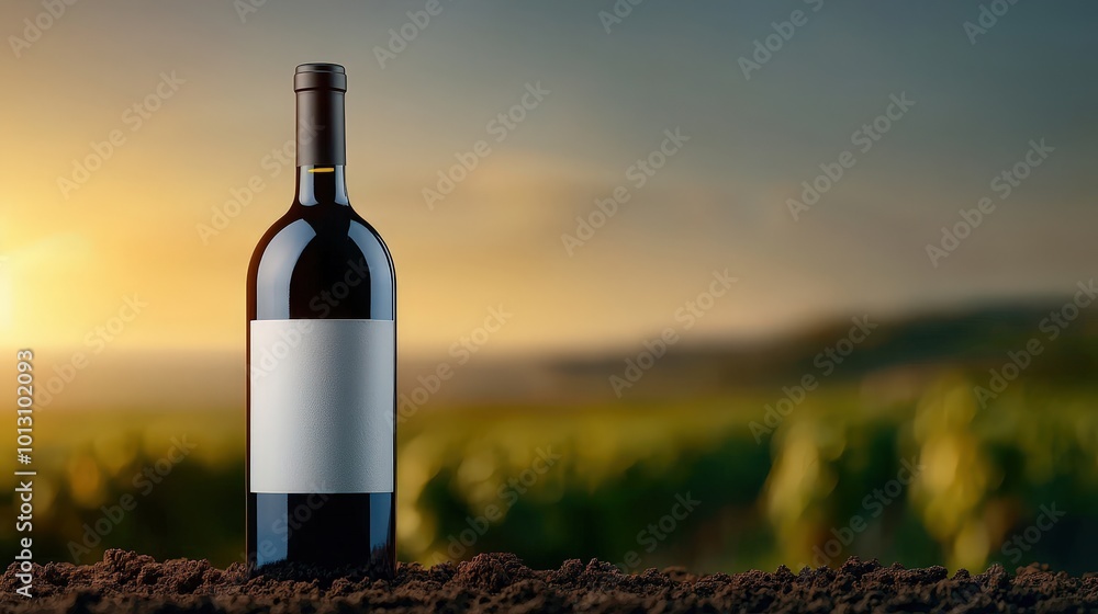 Elegant Wine Bottle in Vineyard at Sunset Elegant Wine Bottle in Vineyard at Sunset