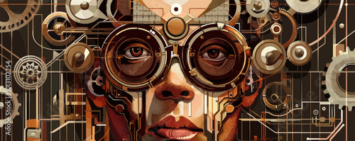 Industrial art style portrait with metallic textures and mechanical details, flat portrait, vector illustration.