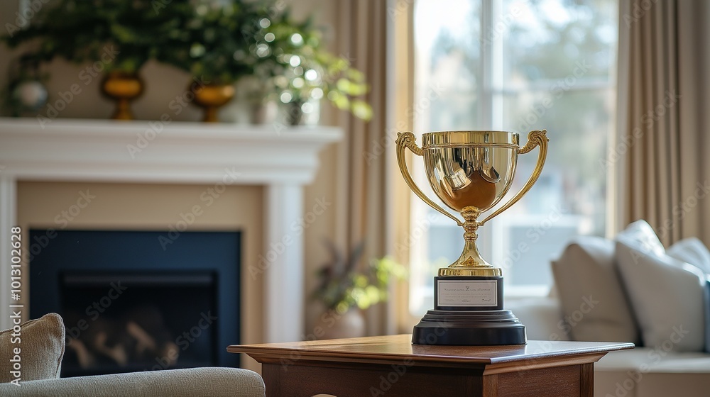 shiny golden trophy displayed proudly on a mantle shiny golden trophy displayed proudly on a mantle
