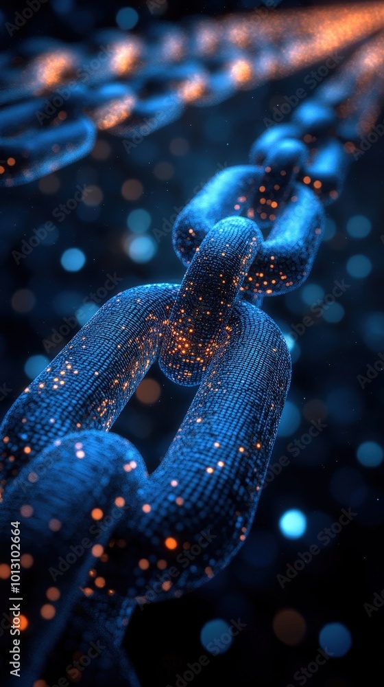 A close-up view of a glowing chain with bright particles, symbolizing connection and strength in a digital world. A close-up view of a glowing chain with bright particles, symbolizing connection and strength in a digital world.