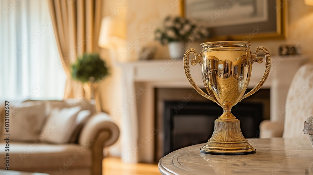 shiny golden trophy displayed proudly on a mantle shiny golden trophy displayed proudly on a mantle