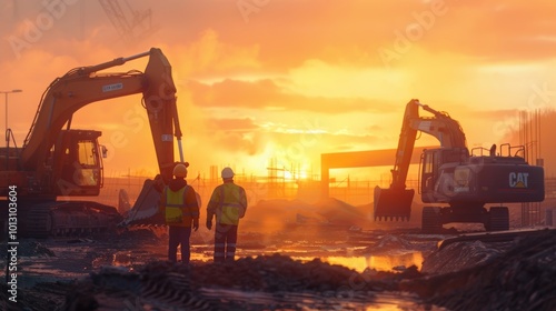 Wallpaper Mural Construction Workers Stand Amid Excavators at Sunset, Showcasing Hard Work and Determination in Industry Torontodigital.ca