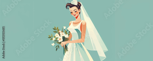 Elegant pin-up bride in a vintage wedding dress, holding a bouquet, flat, vector illustration, pin-up style.