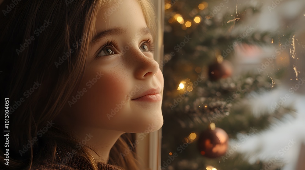 Fototapeta premium Little girl looking out the window at Christmas, close-up of her face, a Christmas tree with a red ornament hanging on it in the background