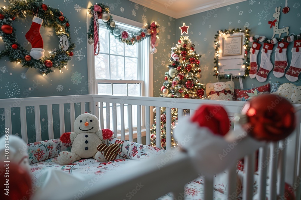 Fototapeta premium A baby's nursery is decorated with a Christmas theme